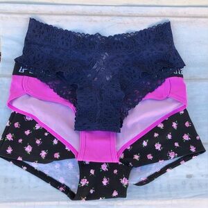 Pink Victoria's Secret Womens Hipster Panties Blue Black Lace 3-Set Size Small